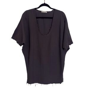 Black Crane Small Gray Cotton Gauze Blouse Top Lagenlook Short Sleeve Oversized